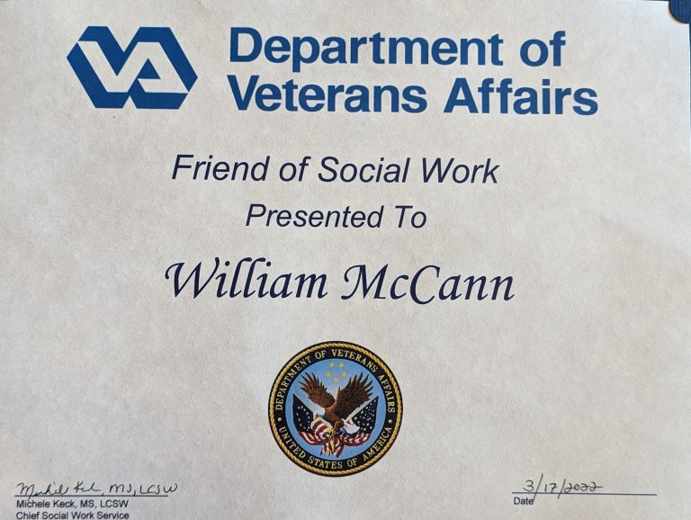 Department of Veterans Affairs Friend of Social Work Presented to William McCann